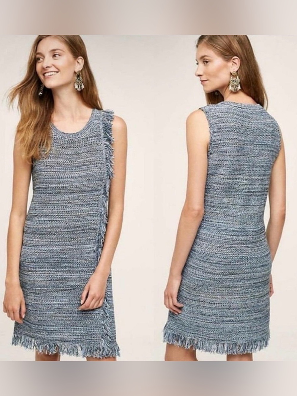 Anthropologie x Holding Horses Sleeveless Blue Sweater Shift Dress w Fringe Sz M